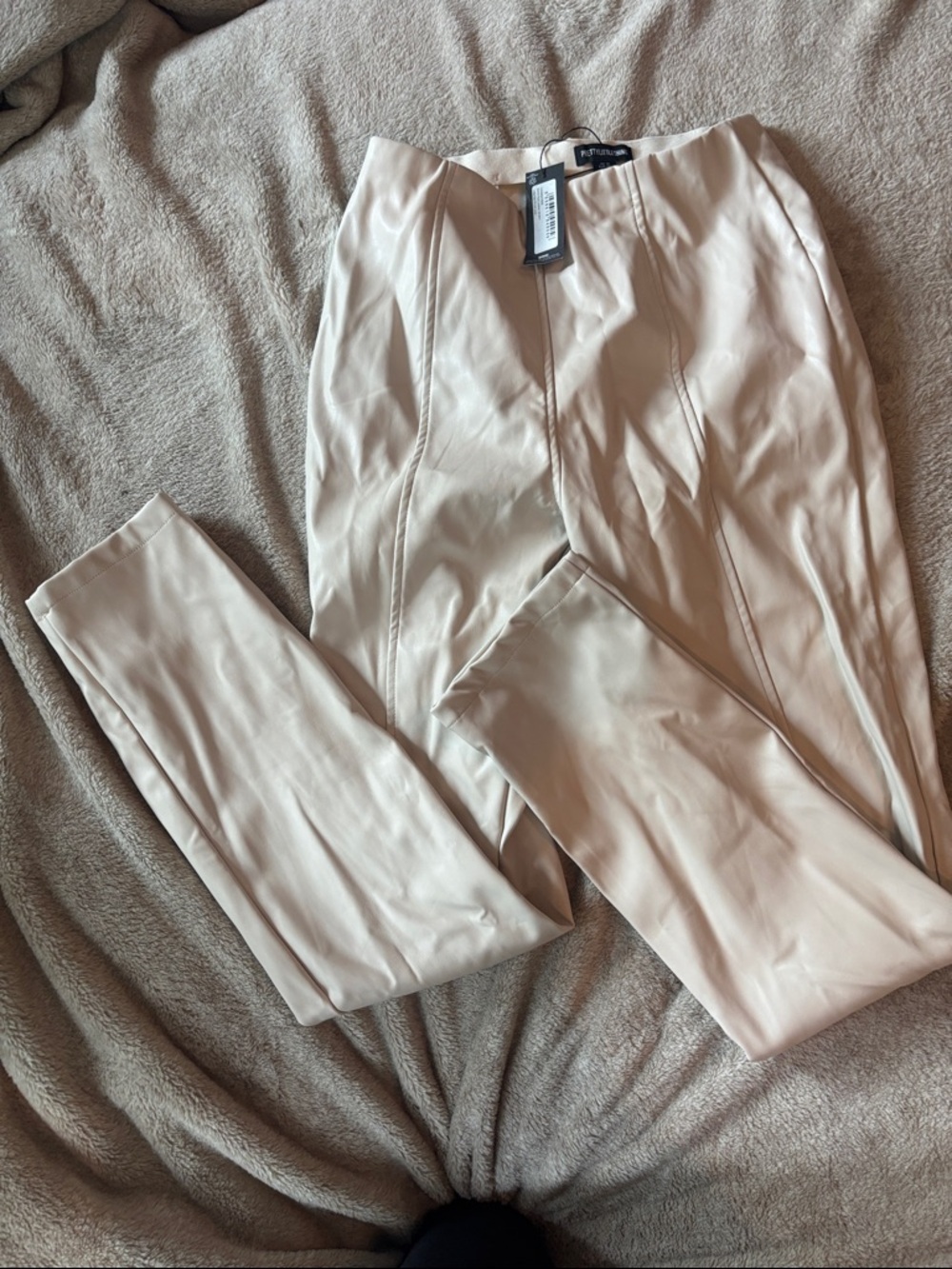 PrettyLittleThing Cream High-Waist Faux Leather Pants